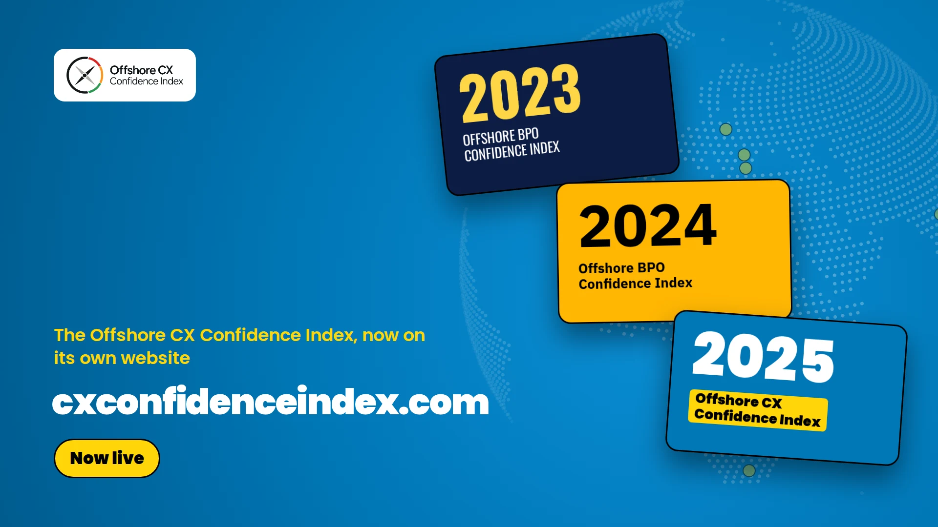 The Offshore CX Confidence Index at cxconfidenceindex.com, with cards for the 2023, 2024, and 2025 editions