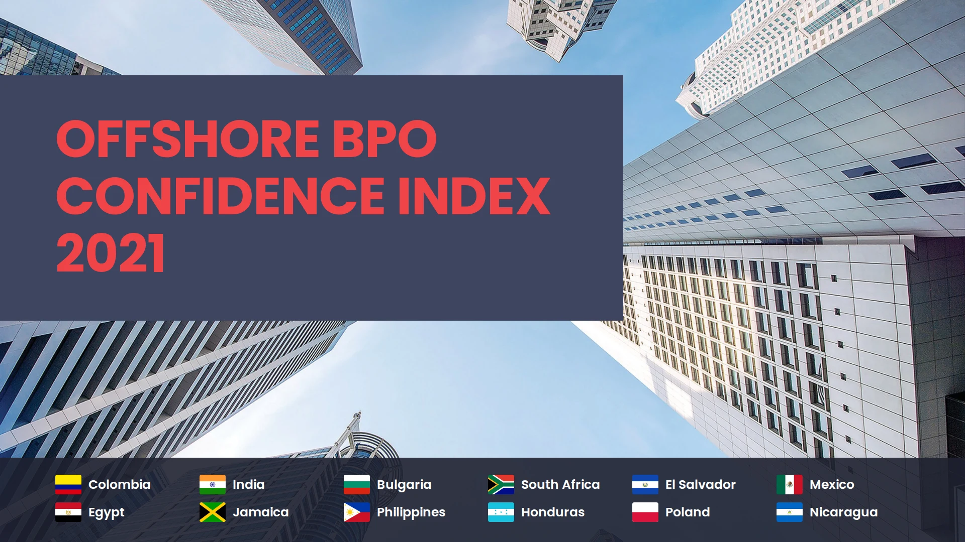 Cover of the Offshore BPO Confidence Index 2021, with the flag of every market it ranks