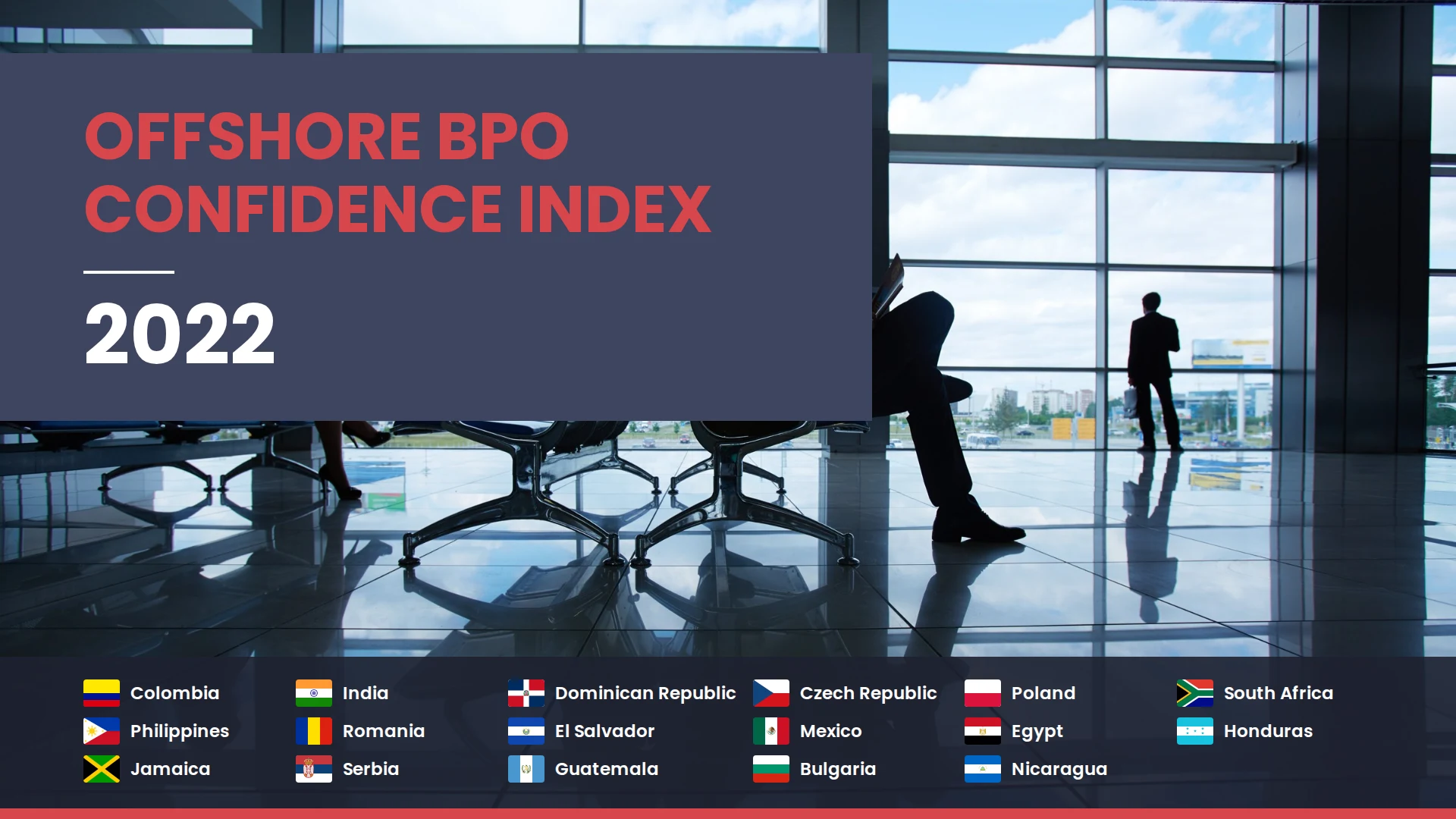 Cover of the Offshore BPO Confidence Index 2022, with the flag of every market it ranks