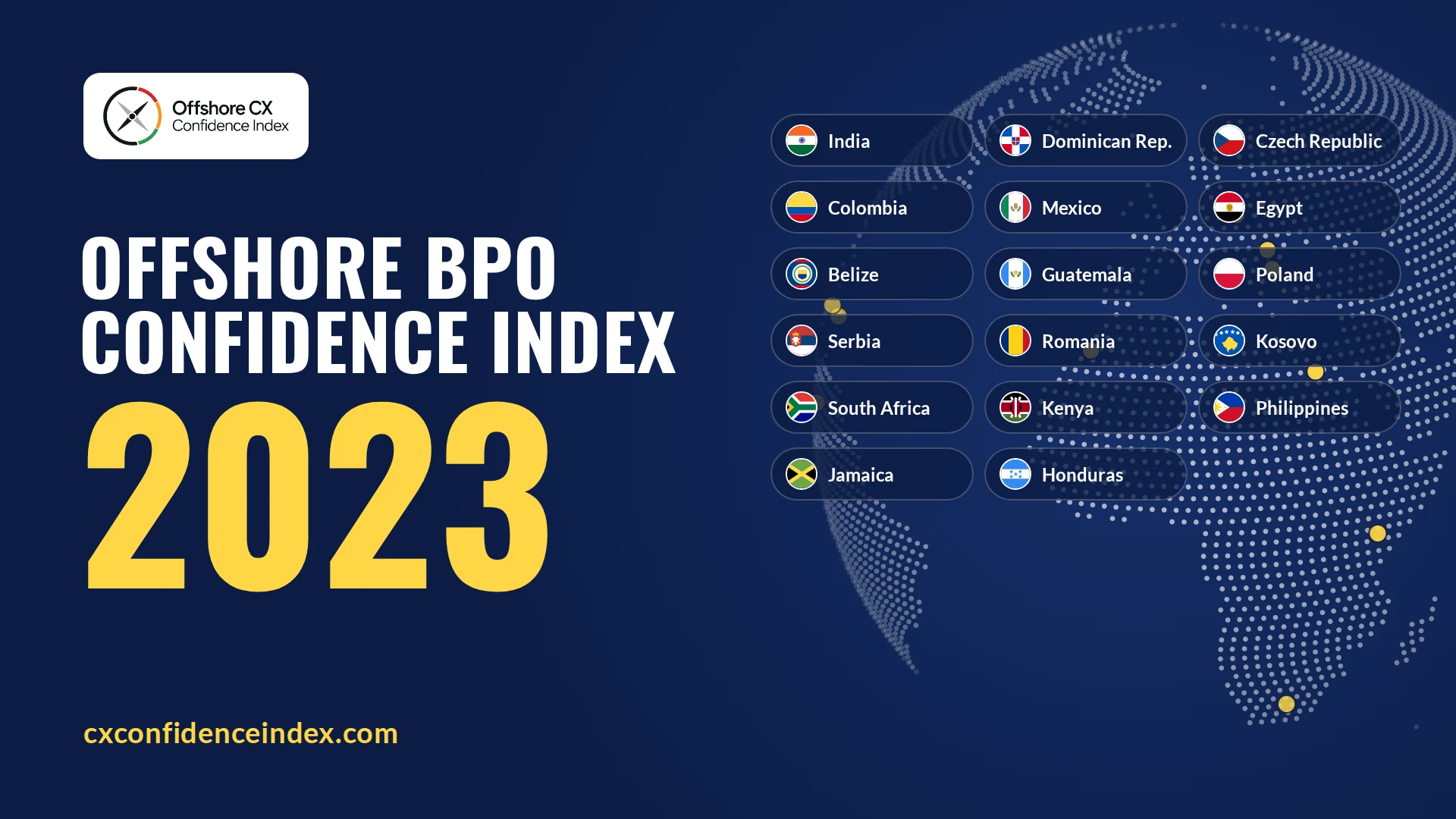 Cover of the Offshore BPO Confidence Index 2023, with the flag of every market it ranks