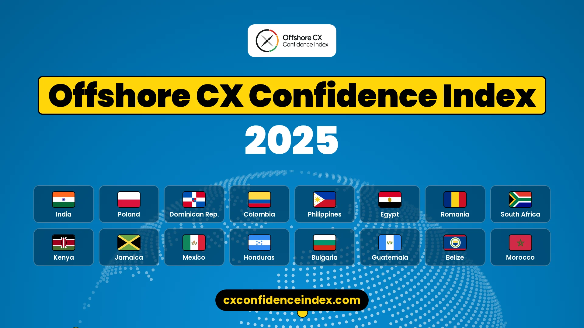 Cover of the Offshore CX Confidence Index 2025, with the flag of every market it ranks